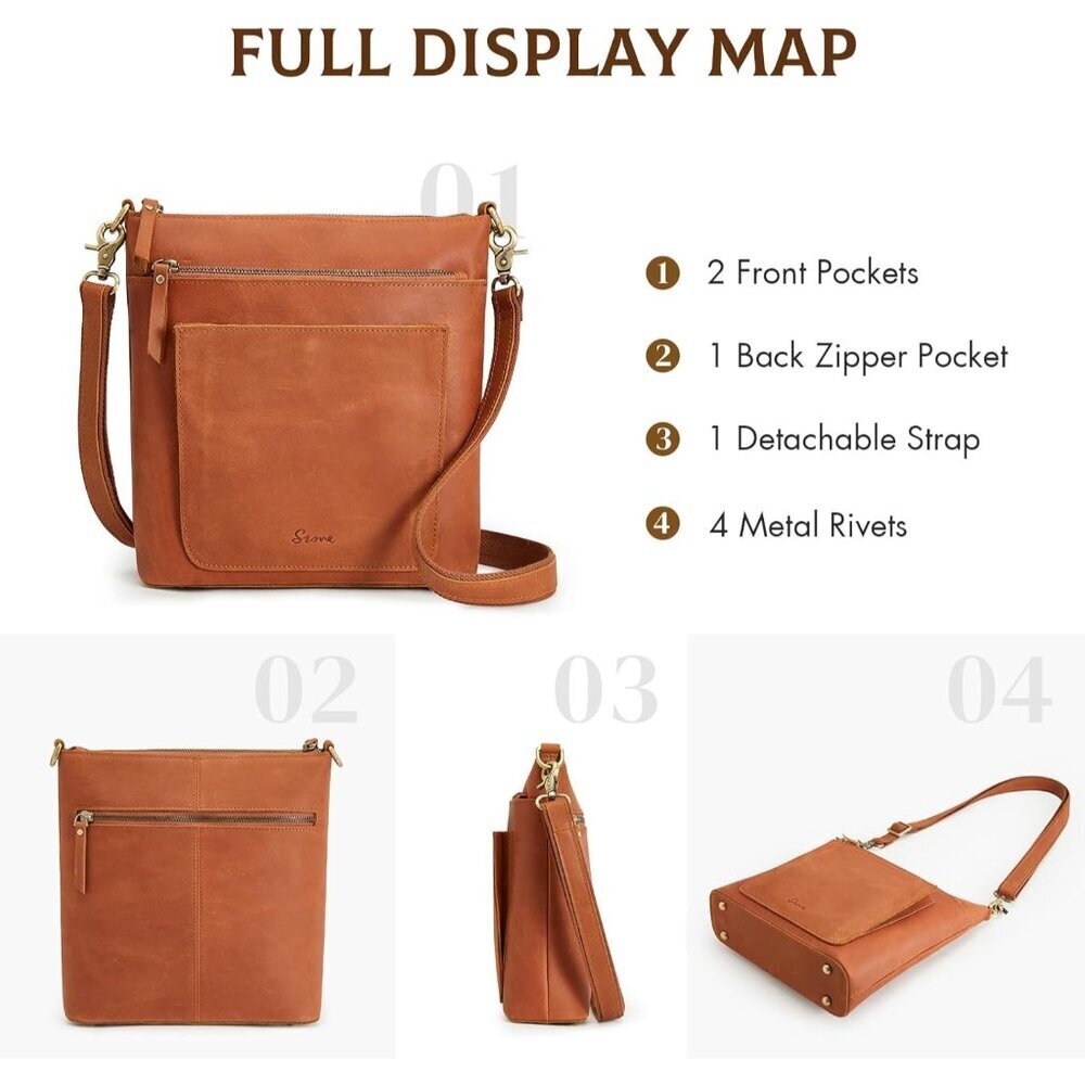 Leather Crossbody Bag for Women Medium Vintage Multi Pockets Travel Purse - Picture 7 of 8